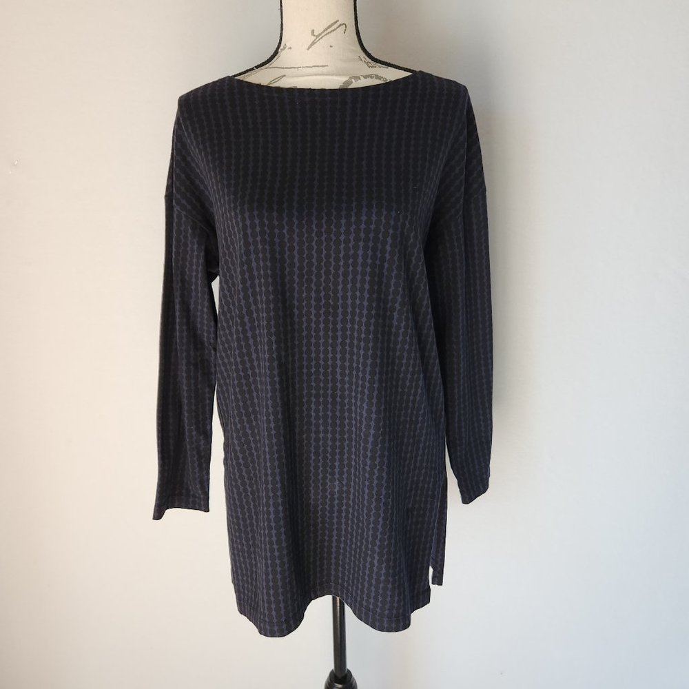 Marimekko Uniqlo Tunic Top Boat Neck Long Sleeve Cotton Blue Black Dots Oversize